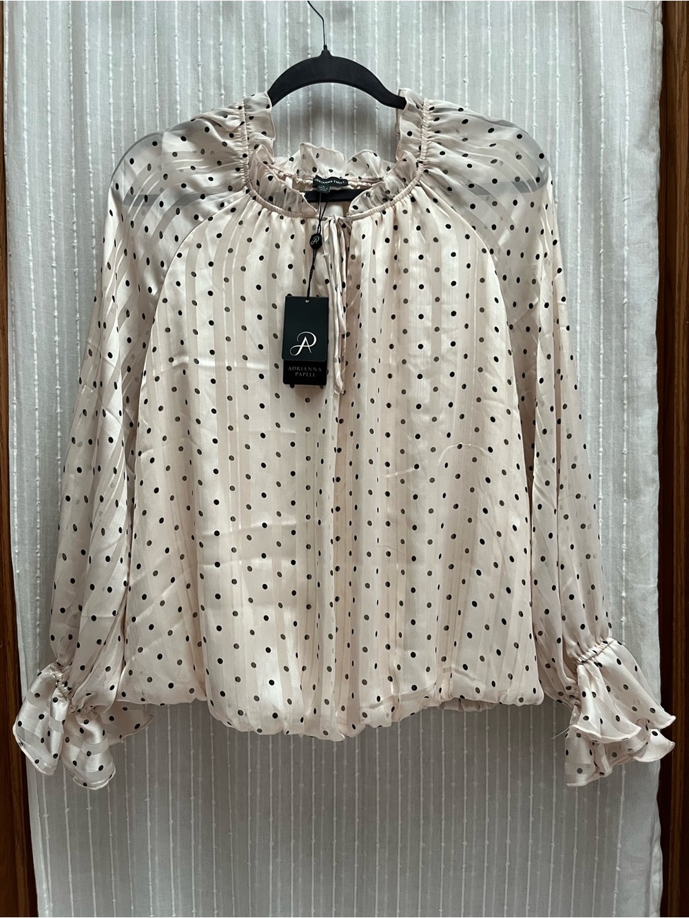 Adrianna Papell NWT Printed Ruffle Tie Blouse Blush Black Polka Dot L